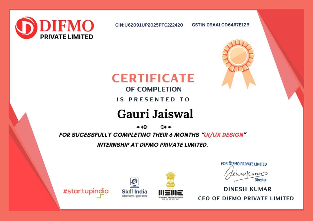 Difmo Private Limited internship completion certificate